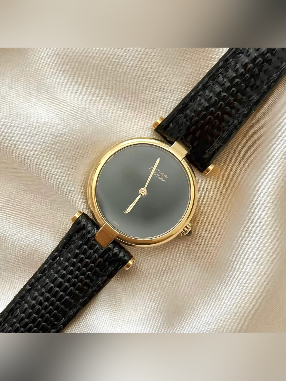 AUTHENTIC VINTAGE CARTIER BLACK LEATHER WATCH - WITH BOX - Picture 6 of 8